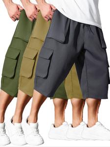 【plus size】 solid flap pocket cargo pants, casual street drawstring waist cropped trousers for daily wear, men's bottoms for all seasons, work pants men, shorts for summer, menswear, casual streetwear shorts, casual fashionable shorts