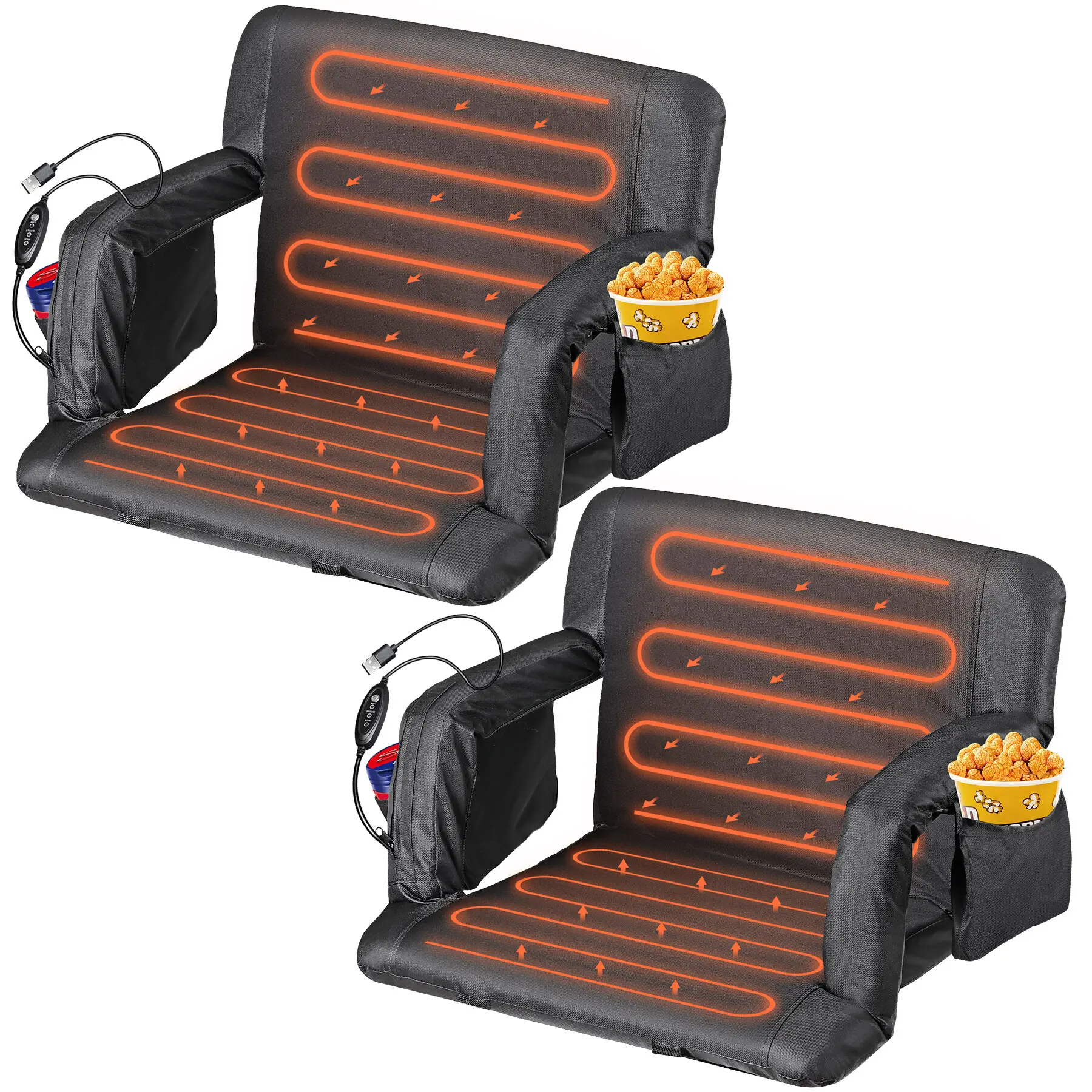ZENY 2-Pack Double Heated Folding Camping Chairs - 25-in Foldable, Extra Wide Padded, USB Power Supply, 3 Heat Levels, 6 Recline Angles, Waterproof Fabric, Steel Frame, Cup Holders, Phone Pocket, Black (Sports & Outdoor, Concerts)