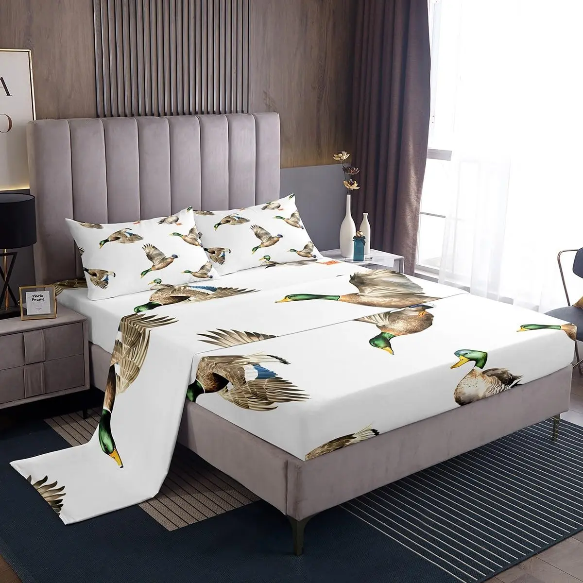 Feelyou Soft Wild Animal Print Complete Bedding Set - Hunting-Themed Mallard Duck Decor, Deep Pocket Fitted Sheet, Breathable Fabric, Easy-Care White Luxury Linens (Breathable, Wild Animal Print, Soft Bed Sheets), Breathable Bed Sheets