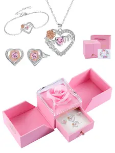 Rose Jewelry Gift Box Set, Including Necklace & Bracelet & Earrings, Elegant Fashion Jewelry Set for Women, Anniversary Birthday Gift for Wife Mom