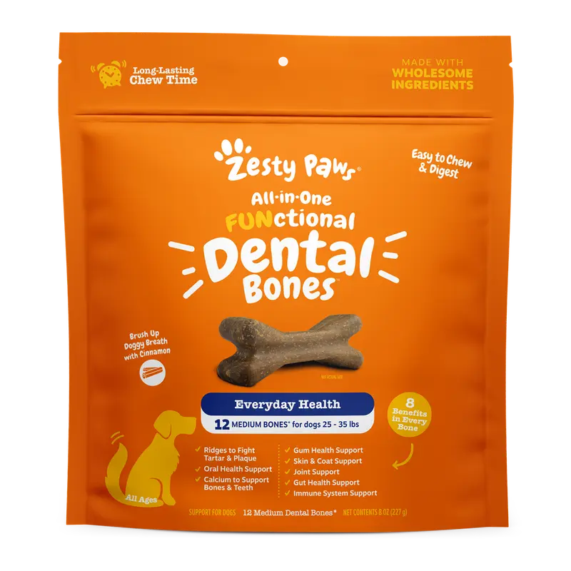 Zesty Paws All-in-One Functional Dental Bones for Medium Sized Dogs 25-35 lbs - Cinnamon Flavor Oral Health & Fresh Breath Support - Feeding