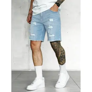 Men Ripped Frayed Raw Hem Denim Shorts Jorts
