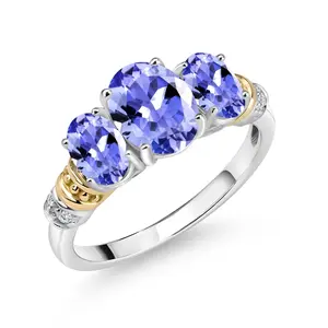 925 Sterling Silver and 10K Yellow Gold Oval Blue Tanzanite and White Diamond 3 Stone Ring For Women (2.09 Cttw, Gemstone December Birthstone)