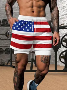 Men's 2-in-1 Straight Leg Athletic Shorts, Quick Dry Breathable Fabric, Fun USA Flag Print, Drawstring Waist With Anti-Chafe Liner, Casual Shorts For Training, Running, Vacation & Beach