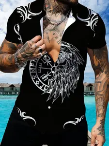 Viking Wolf Head Rune Print Short Sleeve Shirt, Men's Casual Slim-Fit Open Front Top, Trendy Fashion for All Seasons