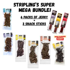 Stripling's Super Mega Bundle- Hickory/Peppered/Jalapeno\Honey BBQ Beef Jerky & Chipotle Teriyaki Pork Jerky - Family Owned Premium Snack Packs - Made in the USA - 8-