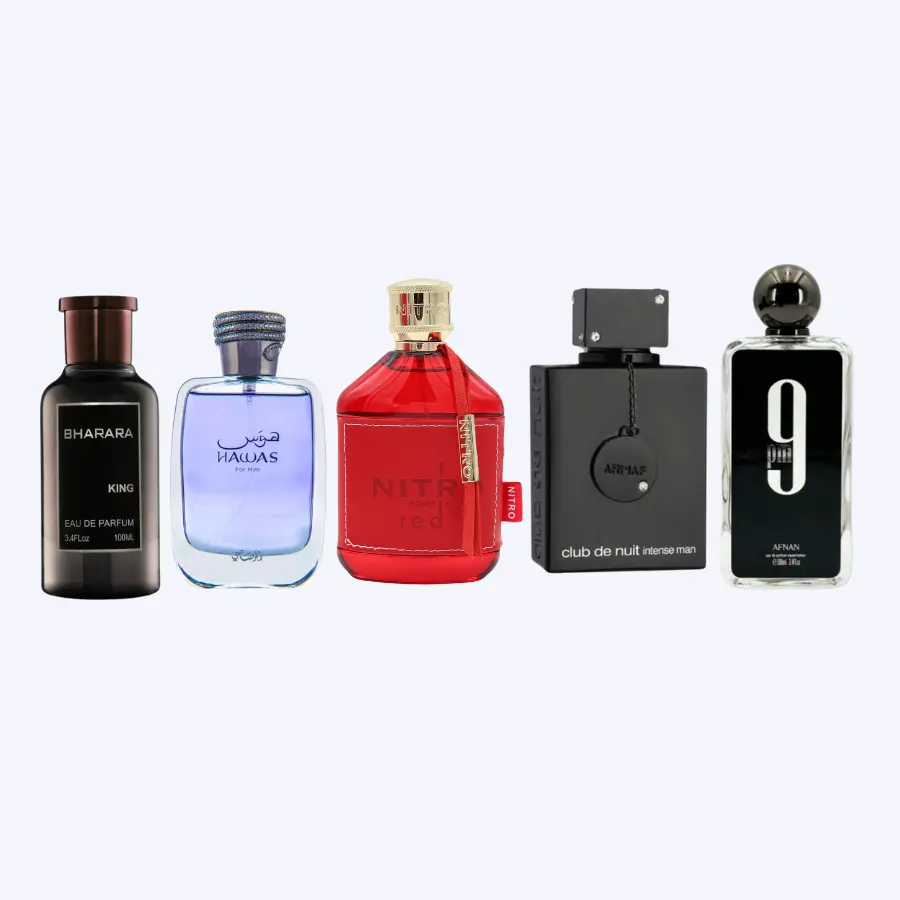 Mega Combo Set Armaf CDN Intense EDT 3.6fl.oz, Afnan 9PM EDP 3.4fl.oz, Hawas Rasasi EDP 3.04fl.oz, Bharara King 3.4fl.oz & Dumont Nitro Red 3.4fl.oz