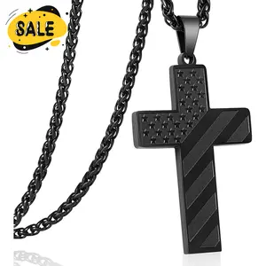 Stainless Steel Cross Necklace with Bible Verse, American Flag Pendant Chain for Men - Inspirational Christian Jewelry Gift for Faith and Patriotism