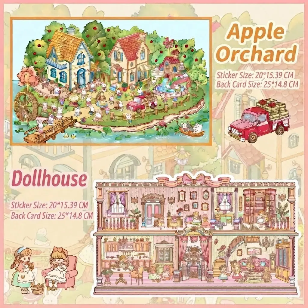 Storybook-Style Sticker Scenes - Apple Orchard and Dollhouse