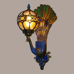 CNCEST Peacock Wall Lamp Artistic Hand-Colored Glass Shade, Art Decor Wall Sconce LED Wall Mounted Lamp for Living Room, Bedroom, Cafe, Porch, Hallway, Front Door
