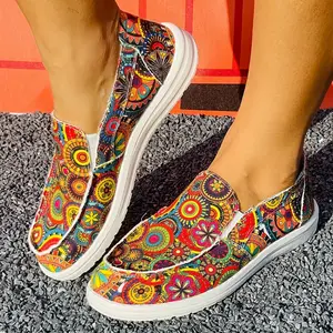 Women's Bohemian Floral Print Slip-On Loafers - Colorful Round Toe Flats, Comfortable Lightweight Fabric Shoes for All Seasons, Plus Size Available Footwear Girl Slipon Decor Multicolor