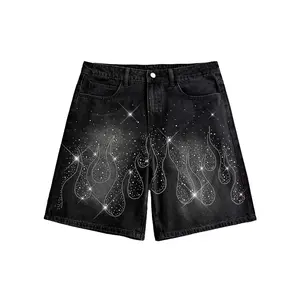 Men’s new summer loose wide-leg denim shorts with hot rhinestones—street-style fashion mid-length shorts for men Jean Menswear Streetwear Trouser Pants Tropical Pocket