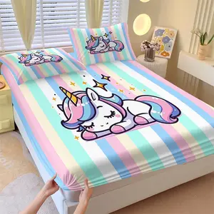 Sleep Unicorn Fitted Sheet Set, 1 Fitted Sheet & 2 Pillowcases No Core, Macaron Color Striped & Chibi Cartoon Sleeping Unicorn, Anti-Fray Mattress Protector, Gentle & Healing Bedroom Decor Gift Choice