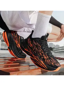 Fashion Flame Pattern Couple Running Shoes, Breathable Mesh Lightweight Sneakers, Shock Absorbing Anti-Slip Fitness Training Shoes