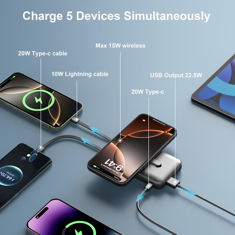 Magnetic Power Bank, 10,000mAh Wireless Portable Charger with 22.5W Max Fast Charging, Built-in USB-C and Lightning Cable, Fast Charging Battery Pack with Phone Stand for  iPhone 16/15/14/13/12/Pro/Pro Max