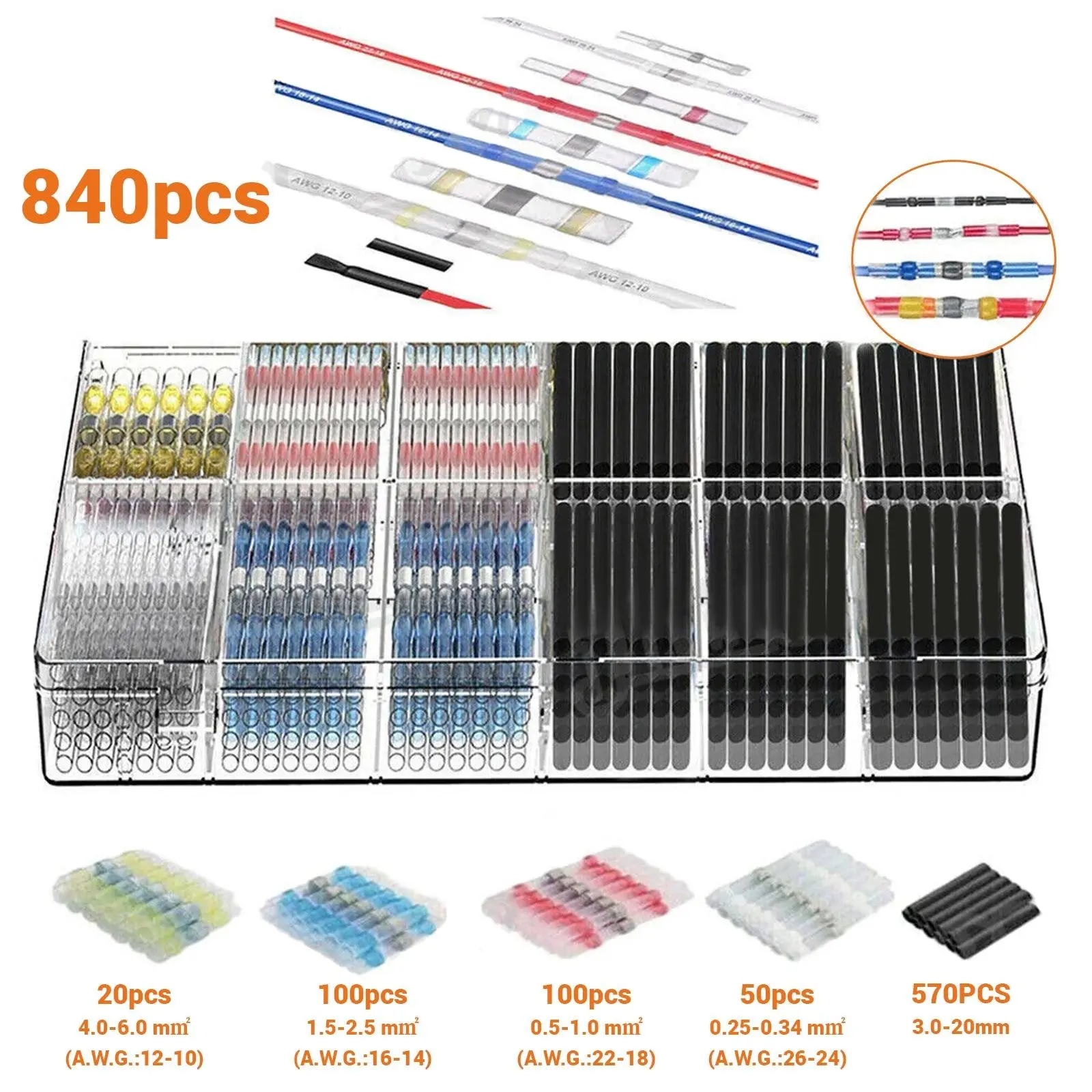 840PCS Solder Seal Sleeve Heat Shrink Electric Butt Wire Connectors Terminal Kit
