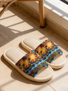 Colorful Sun Wave Print Linen Slippers Fantasy Art Style Cloud-Feel Linen Breathable Non-Slip Must-Have For Art Lovers Home & Outdoor