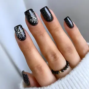 Snowflake Pattern Fake Nail, 24pcs/box Press on Nails with Nail File & Tape & Stick, Removable Nail Art Design Artificial Full Cover, Women Girls DIY Manicure