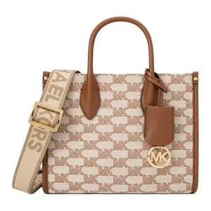 Michael Kors Mirella Medium Tote Bag – Signature MK Logo Print, Faux Leather Shoulder Satchel, Vanilla/Ebony