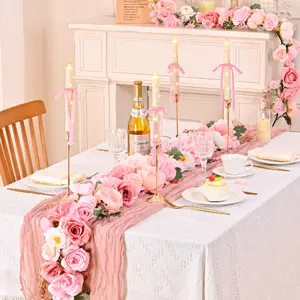 Mothersday 5.7FT Artificial Rose Flower Vine Set for Romantic Decor, 2 Pcs Faux Floral Garland & 4Pcs Remote Controlled Flameless Candle Holder set & Pink Table Runner, 2026 Motherdaughter Gift Decor for Wedding Party Centerpiece Table Backdrop Birthday
