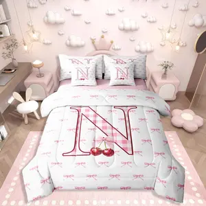 Cherry Bow 7 Piece Comforter Set,Initial N Letter Bowknot Bed in A Bag,Dreamy Pink Plaid Bow Tie Bedding Sets