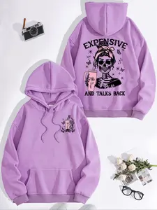 Women's Casual Skull Print Fleece Hoodie with Front Pocket, Comfortable Fit Winter Pullover Sweatshirt, Fall & Winter Wear