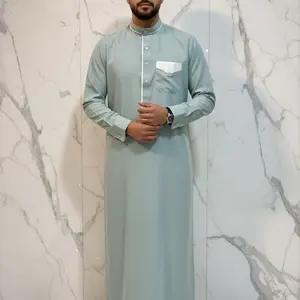 Men's Qatri Style Thobe Mint Green with Piping and Pocket Detail Modern Islamic Clothing for Men