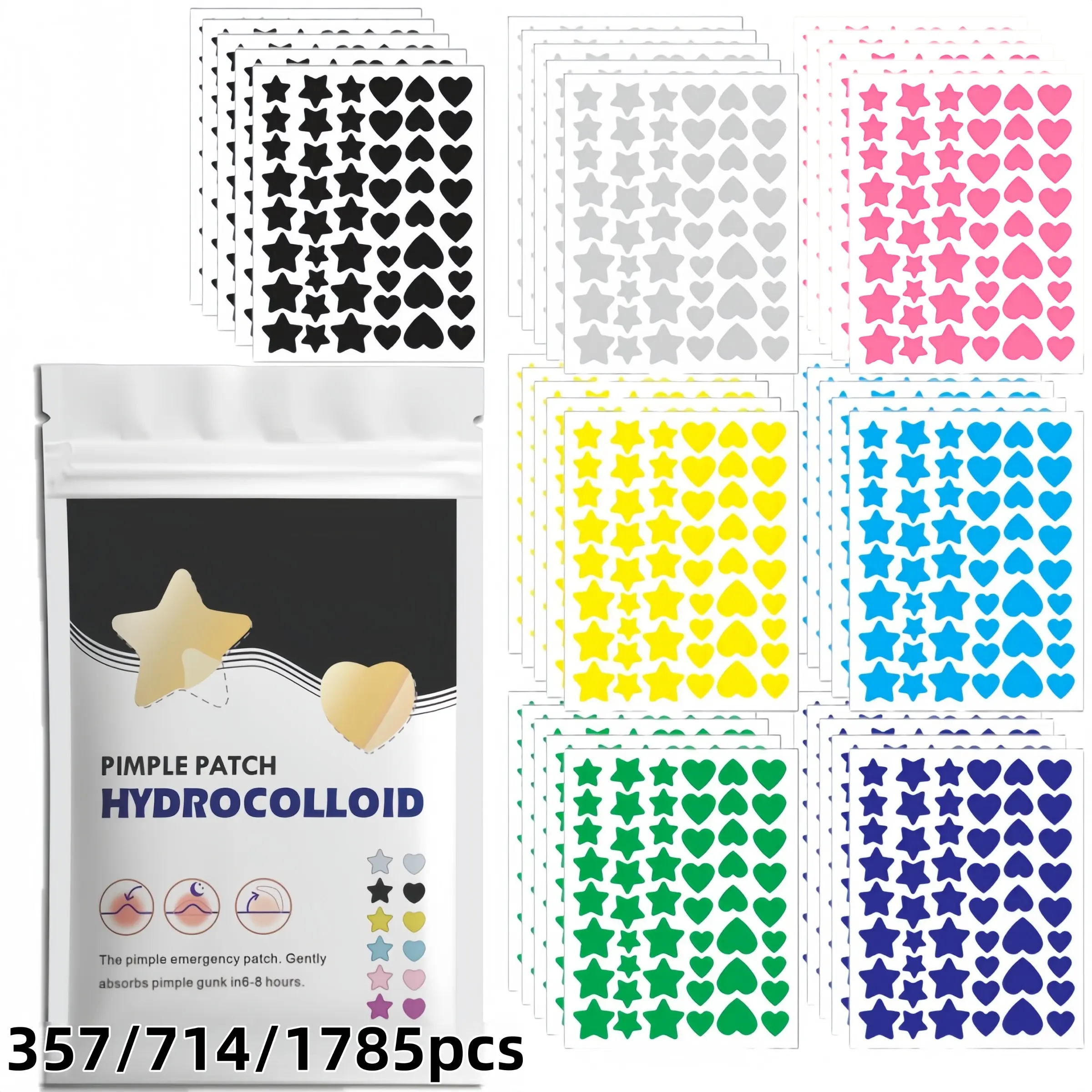 357/714/1785pcs Star Heart Acne Patches, Pimple Patches, Cosmetic Patch, Fun Shape Covering Blemishes, Blemish Relief Care, Multiple Colors and Sizes, Lightweight Natural Fit, Fashionable Choices