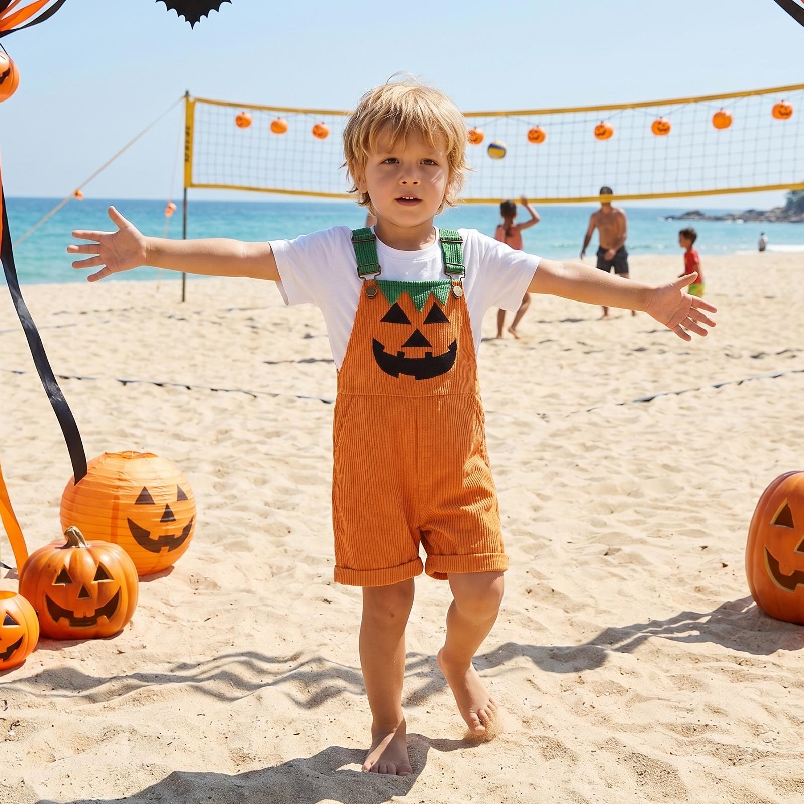 Toddler Corduroy Overalls with Suspenders, Pockets, 2 Ghost/Pumpkin Motifs - Soft Thick Wale, Boy Jumpsuit for Family Gathering, Kindergarten Party Costume