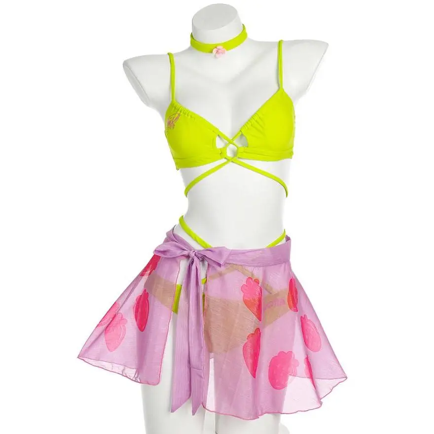 Winx Club Flora Pink and Green Cute Strawberry Split Swimsuit Women Bikini