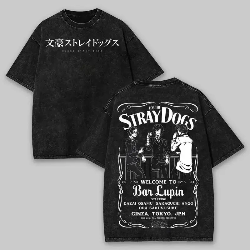 Men's Bungo Stray Dogs Anime Distressed Graphic T-Shirt - Shortleeve, Fitted, Vintage Wash Look, Heavy Cotton, Double Print Figure Pattern, Round Neck, All-Season Streetwear Casual Tops, Shortsleeve
