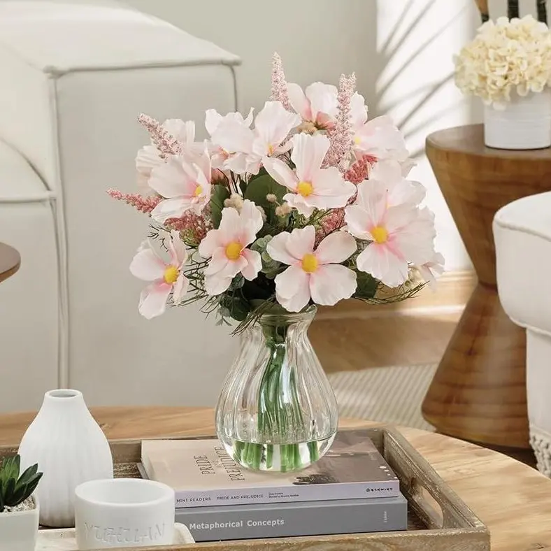 WELL KNOWN Pink Cosmos Silk Artificial Wild Flowers, 4.5"x13" with Fake Water in Glass Vase, for Indoor Home Decor, Wedding Table Centerpieces