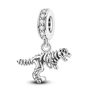 MULA S925 Silver-plated Dinosaur Skeleton- Fierce Tyrannosaurus Rex Fossil Pendant, can be used with Pandora bracelets and necklaces, a cool jewelry gift for girls, teenagers, science lovers
