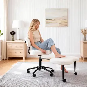 Adjustable Cross-Legged Desk Chair with Swivel Footrest, PU Leather / Teddy Fabric Options, Ergonomic Meditation Chair for Home & Study