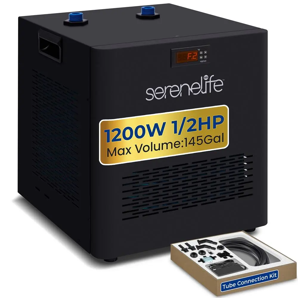 Cold Plunge Chiller System for Cold Plunge Tubs - Quiet 1/2 HP, 145 Gal, Corrosion Resistant Titanium Tube, 1200W Power, 13.19in x 13.19in x 14.57in, 16.5in Water Pipe Connection, 4 Sealing Rings, Teflon Tape, Cooling Functionality, Ac Adapter