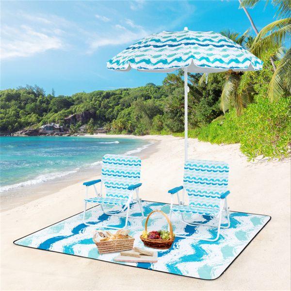 4-Piece Beach Set with 6.2ft Sun-Proof Umbrella, 2 Folding Chairs & 80"x80" Waterproof Blanket-Blue