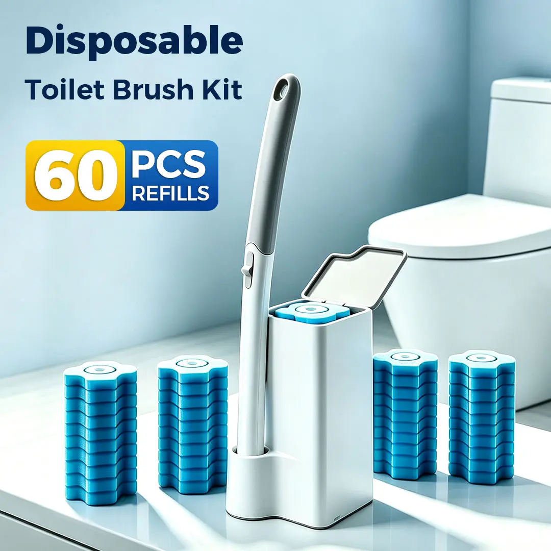 Disposable 360-Degree Rotating No-Touch Toilet Brush Kit - 60 Refill Heads, Holder, Under-Rim & Corner Cleaning, Home Bathroom Supplies (Toilet Brush & Plungers Category)