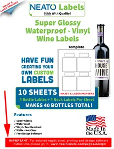 Blank Wine Labels - WHITE, GLOSSY - WATEPROOF - FOR INKJET AND LASER PRINTERS - 100 SHEETS