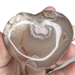 Blissful Crystals Flower Agate Heart Palm Stone 2 to 3 Inches with Cherry Blossom Design, Natural Coloration, Unique Patterns for Jewelry Collection