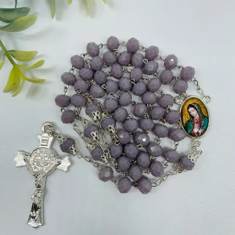 Catholic Our Lady of Guadalupe Religious Rosary, Light Purple Beads, Silver-Tone Design with Crucifix for Prayer