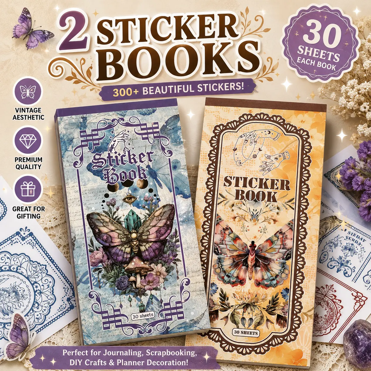 2 Styles Vintage Moth Butterfly Sticker Book, 30 Sheets Each Gothic Lace Frame Scrapbook Stickers, Retro Floral Moon Border Stickers for Journaling, Guka & DIY Crafts