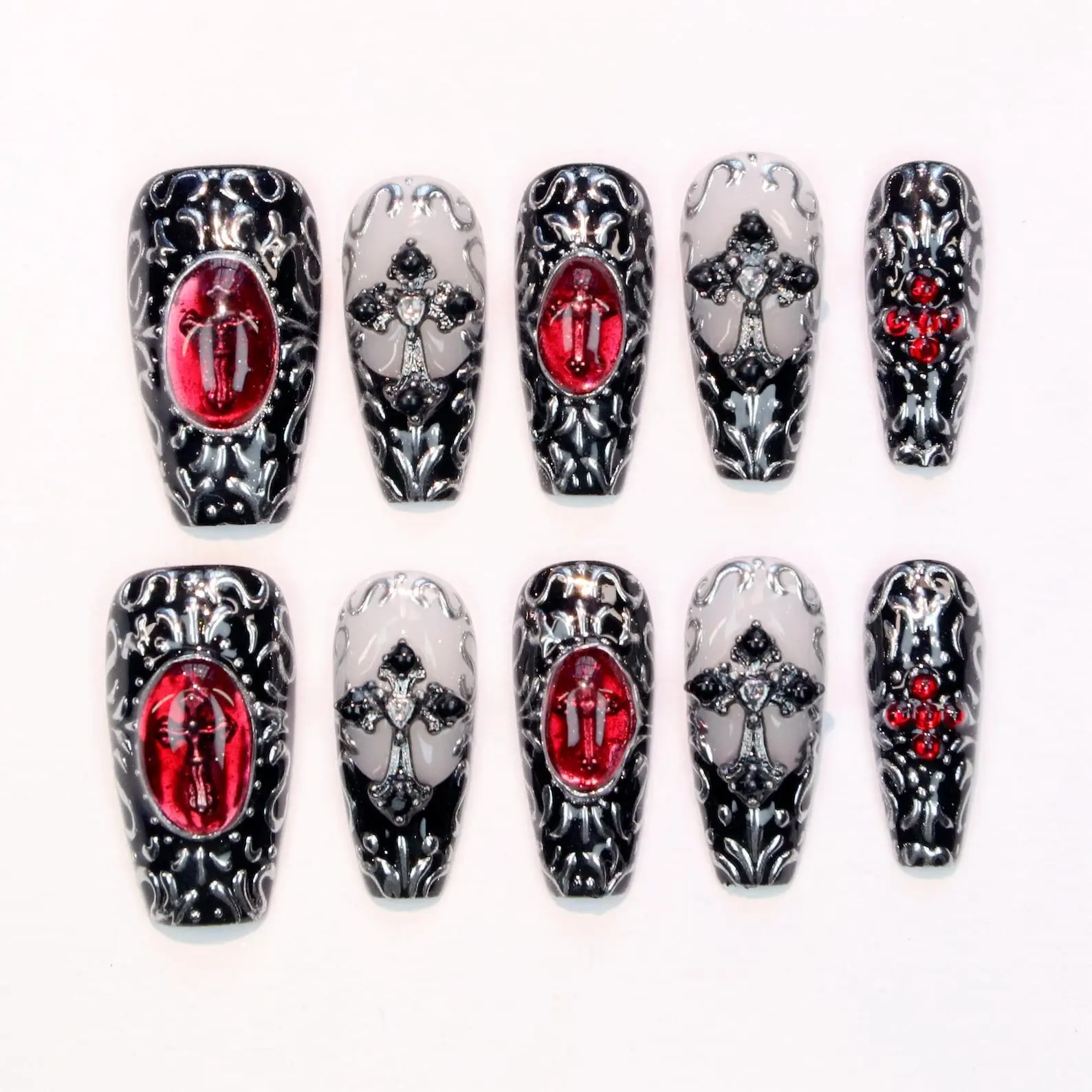 Alice WonderNails – Gothic Coffin Press On Nails | 3D Metallic Silver & Cross Nail Art | Dark Y2K Punk Rock Style | Reusable Glam Nails – AW337