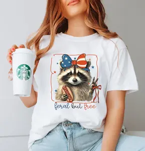Funny 4th of July Shirt, Feral and free Raccoon Shirt Feral Girl, Red White Feral Shirt, America Independence Day Viral Patriotic Shirt Casual Daily Wear Tee For Men & Women, Apparel Made In The USA