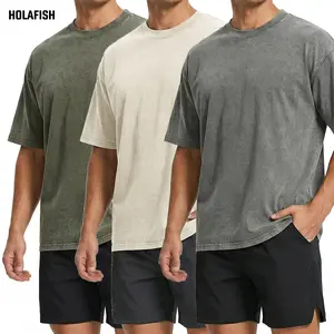 Holafish 2Pcs Men's Streetwear Cotton T-Shirts Half Short Sleeve Loose Fit Acid Washed Vintage Casual Tops,Casual Loose Wash Solid Basic Tee Tops