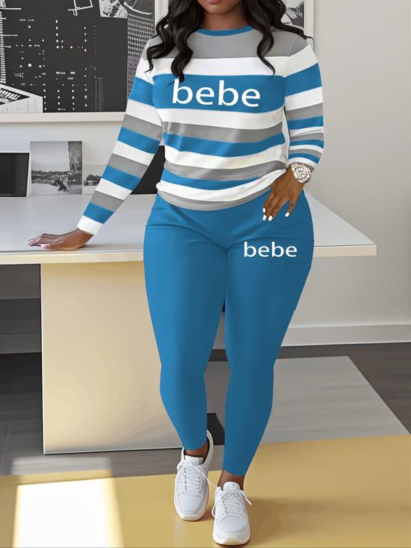 Women's Striped 'Bebe' Letter Print Round Neck Long Sleeve Top and Pants Set, Comfortable Casual Two-Piece Striped Lounge Set, Casual Fashion Set for Autumn and Winter