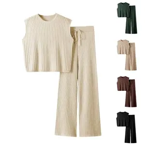 Women's 2-piece sweater set knitted pullover top sleeveless vest wide-leg pants casual suit sportswear Outfits