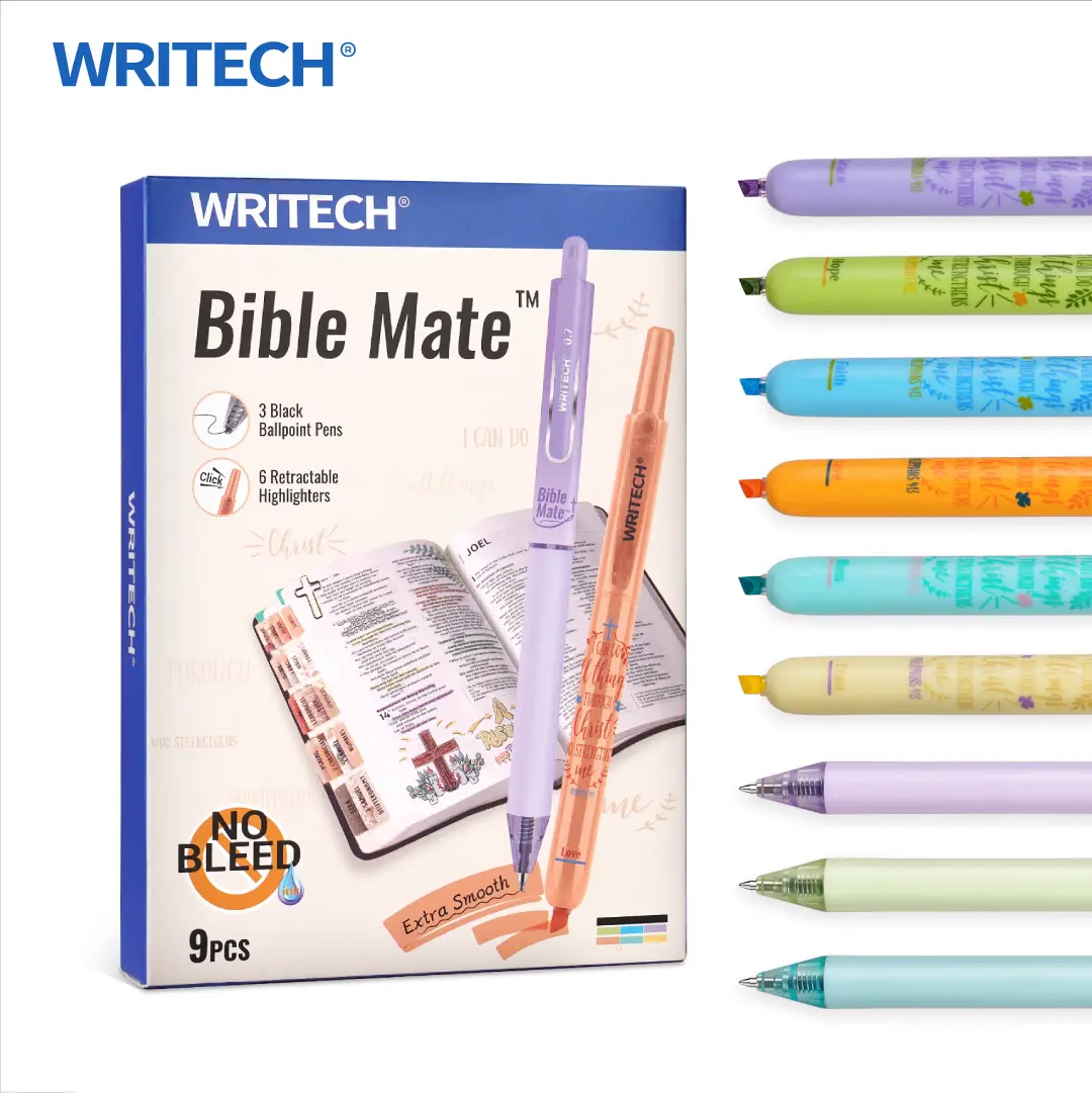WRITECH Bible Mate Journaling Set: No Bleed Bible Highlighters 0.7mm Black Ink Ballpoint Pens, Fast-Drying Ink, Pastel Colors Highlighter, 9ct