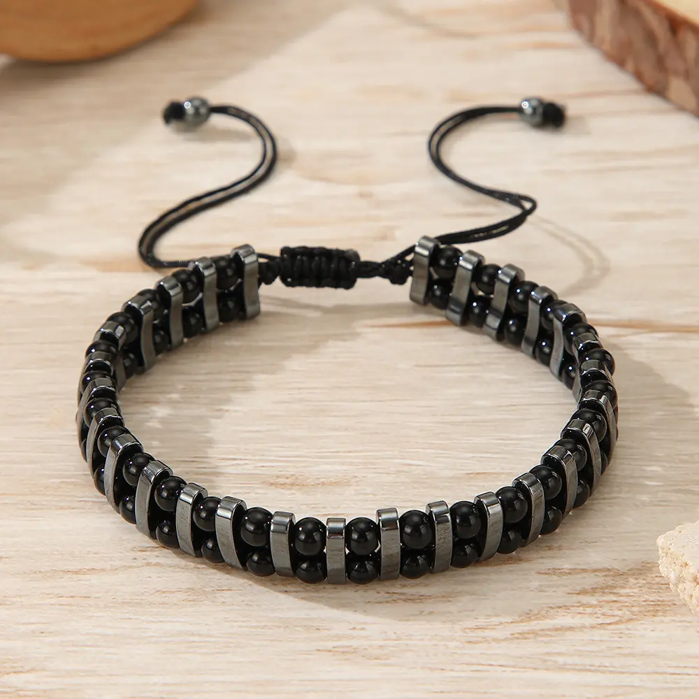 Men’s Beaded Black Obsidian & Hematite Bracelet - Adjustable Size Minimalist Cord Jewelry, Energy Shield for Protection & Grounding, Suitable for Everyday Wear