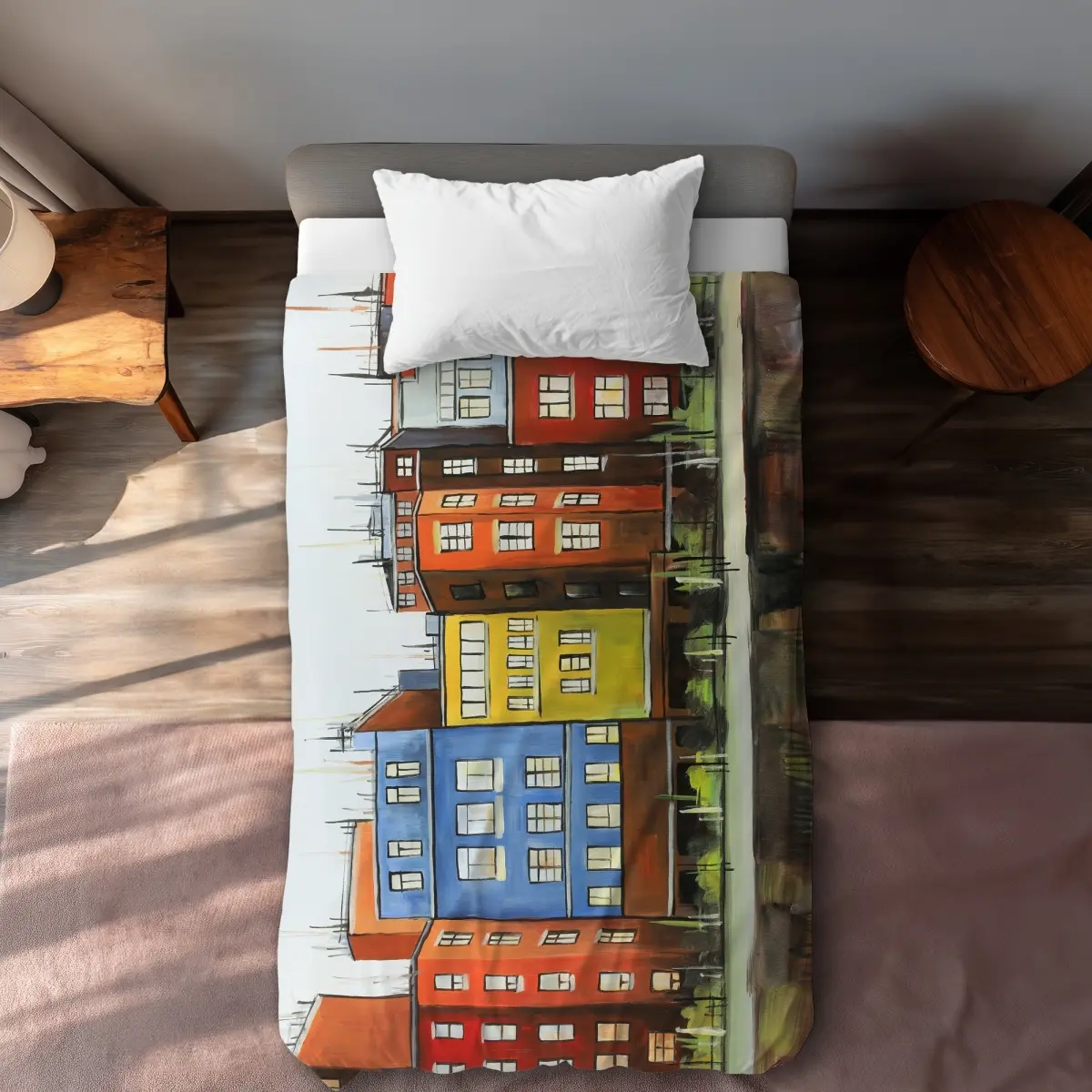 360 Stand Twin Extra Long Duvet Cover - Microfiber Face, Colorful Red Boston Buildings Illustration, Artistic Look, Machine Washable Bedroom Bedding Set for Home Decor, Decorative Duvet Cover, Duvetcovers, Pattern Duvet Cover