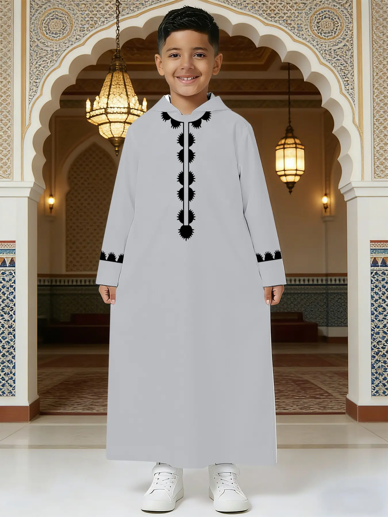 ✨Fresh & Energetic Ethnic Boy! Light Gray Hooded Sun Embroidery Thobe, Clear Temperament Outfit